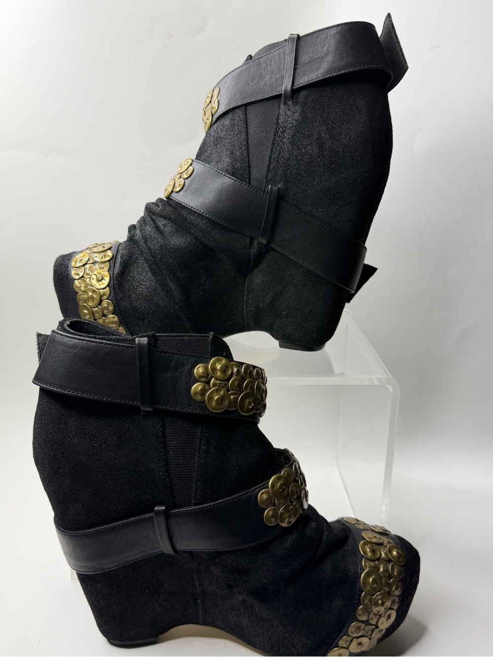 SENSO Black Suede Ankle Booties with Antique Gold Studded Straps - Picture 2 of 5